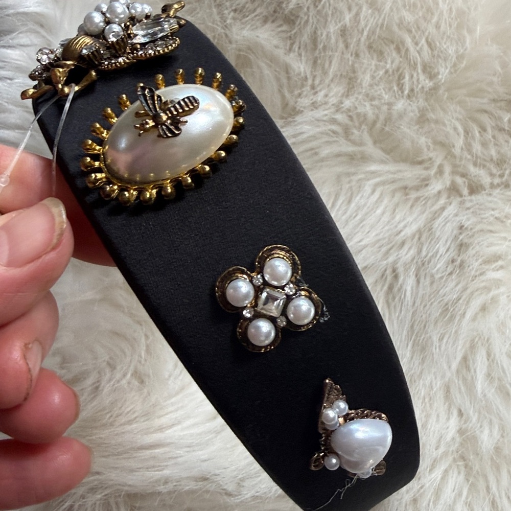 Bee pearl Headband black baroque inspired faux pearls gold tone Victorian *flaw - Picture 17 of 17
